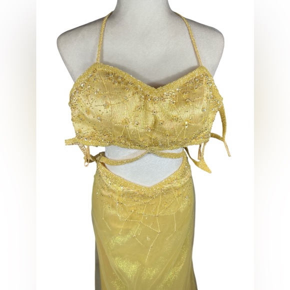 Precious Formals Dress Gown Beaded Yellow Two Pieces Prom Party sz 8 - Picture 2 of 15